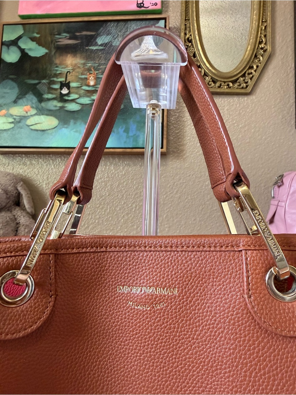 💯Auth! Emporio Armani Saddle Brown Leather Bag Tote Branded Strap Gold Hardware - Picture 5 of 16